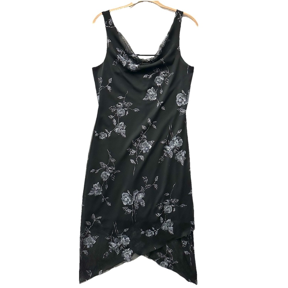 Vtg BYER TOO! Large L Black Floral Glitter Drape Midi Slip Dress USA 90s Fairy‎
